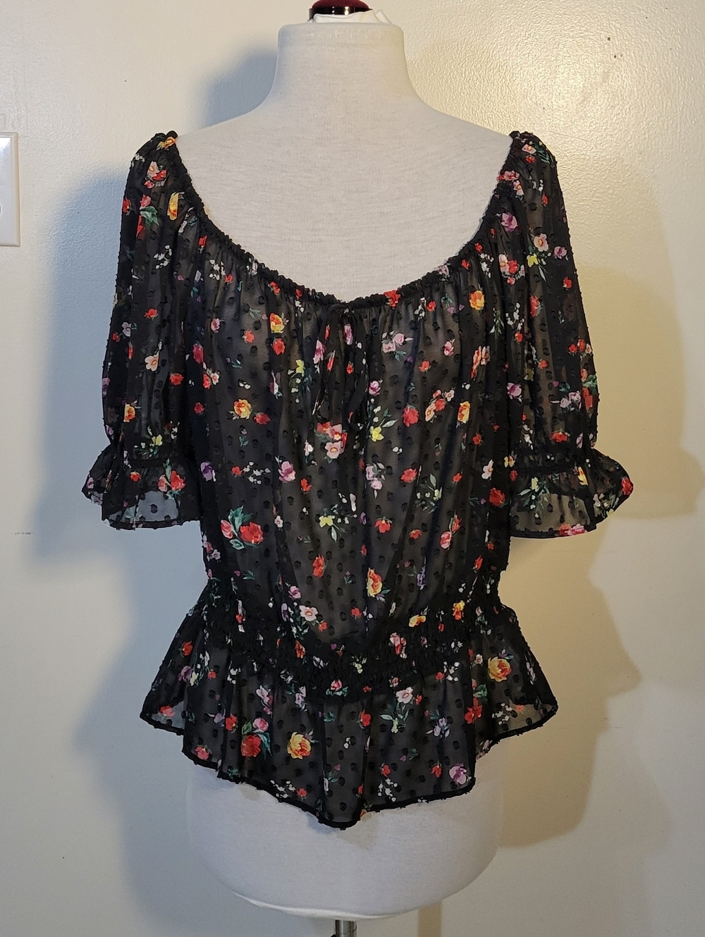 Banana Republic (Women's L) Semi-Sheer Swiss Dot Black Floral Peasant Blouse